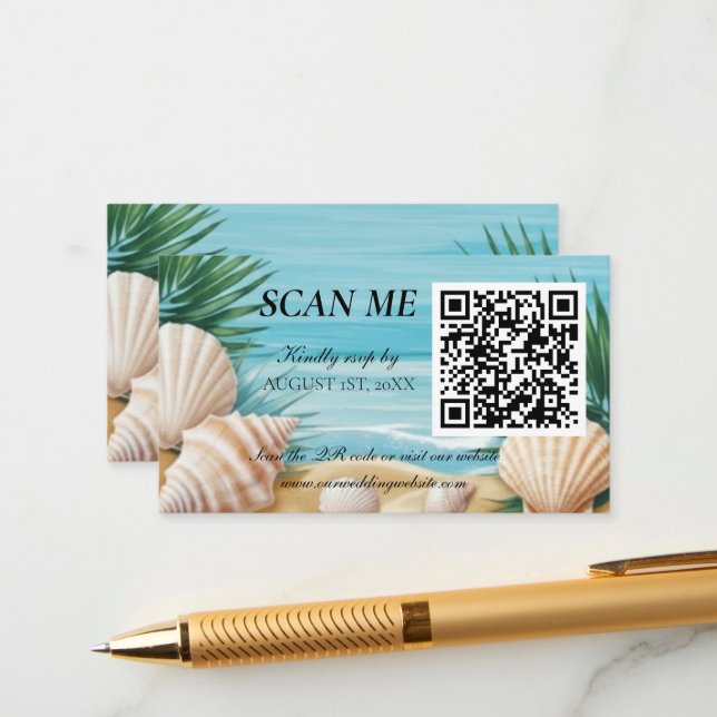 Carte D'accompagnement Tropical Beach Wedding RSVP QR Code Enclosure (Devant/Arrière en situation)