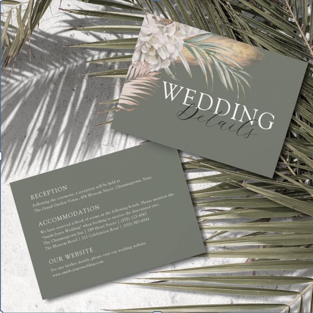 Carte D'accompagnement Tropical Beige Floral & Palm Wedding Details (Créateur téléchargé)