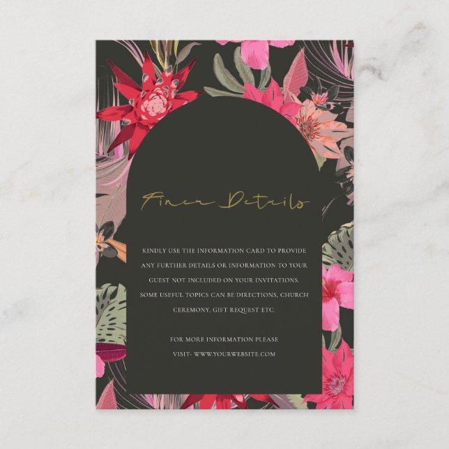 Carte D'accompagnement Tropical Boho Red Dark Floral Détails du Mariage (Devant)