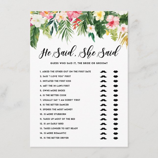 Carte D'accompagnement Tropical Il dit qu'elle dit mariée ou Groom Game C (Devant)