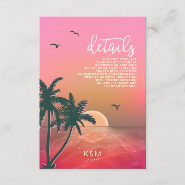 Carte D'accompagnement Tropical Isle Sunrise Mariage Détails Pink ID581 (Devant)