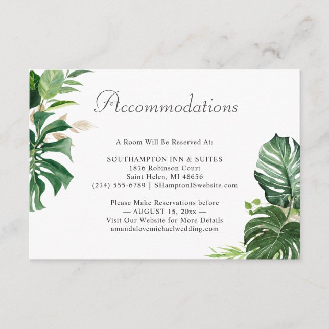Carte D'accompagnement Tropical Palm Feuille Mariage Hébergements (Devant)
