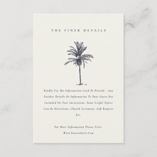 Carte D'accompagnement Tropical Palm Tree Navy Kraft Détails du Mariage (Devant)