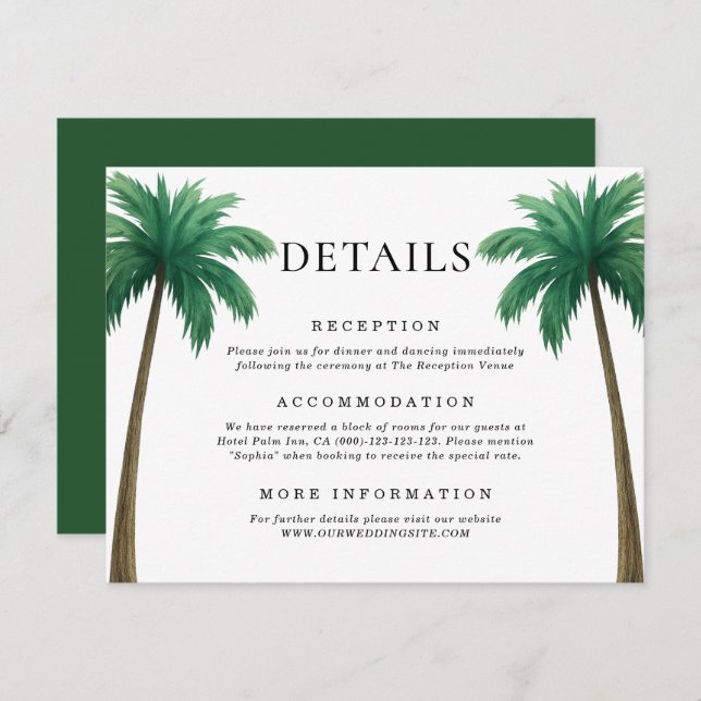 Carte D'accompagnement Tropical Palm Trees Minimal Beach Wedding Details (Devant / Derrière)