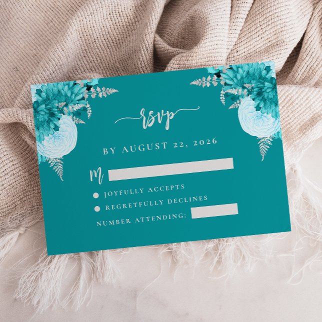 Carte D'accompagnement Turquoise Argent Floral Script Mariage Réponse Inc (Créateur téléchargé)