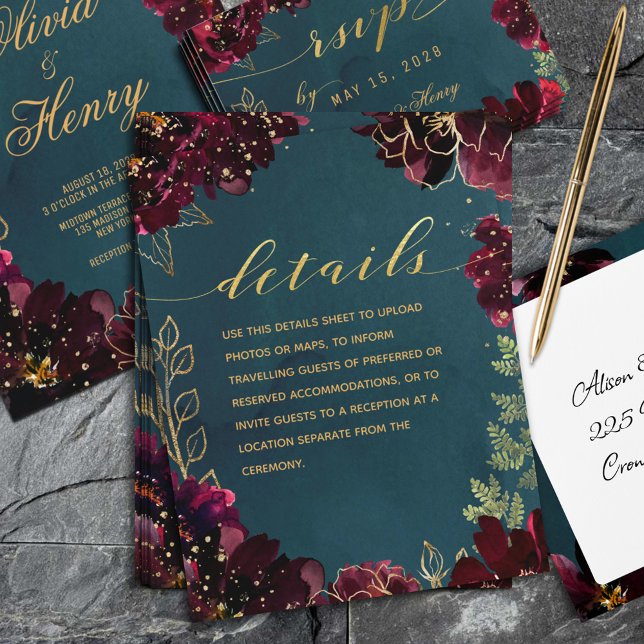 Carte D'accompagnement Turquoise Bordeaux Jewel Tone Mariage Détails Fich (Teal Bordeaux Jewel Tones Wedding Details Enclosure Card. Invite, RSVP & Envelope sold separately.)