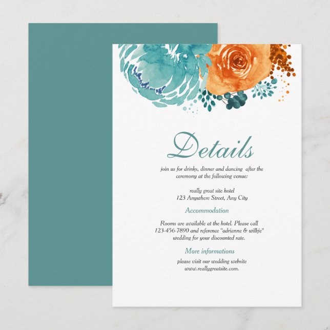 Carte D'accompagnement Turquoise Bunrt Orange Floral Détails du Mariage d (Devant / Derrière)