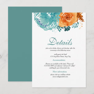 Carte D'accompagnement Turquoise Bunrt Orange Floral Détails du Mariage d