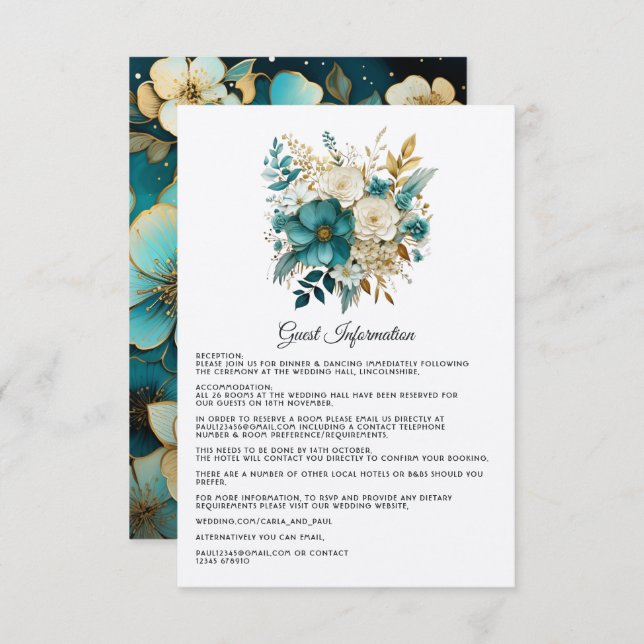 Carte D'accompagnement Turquoise et or Floral Mariage Détails de l'invité (Devant / Derrière)