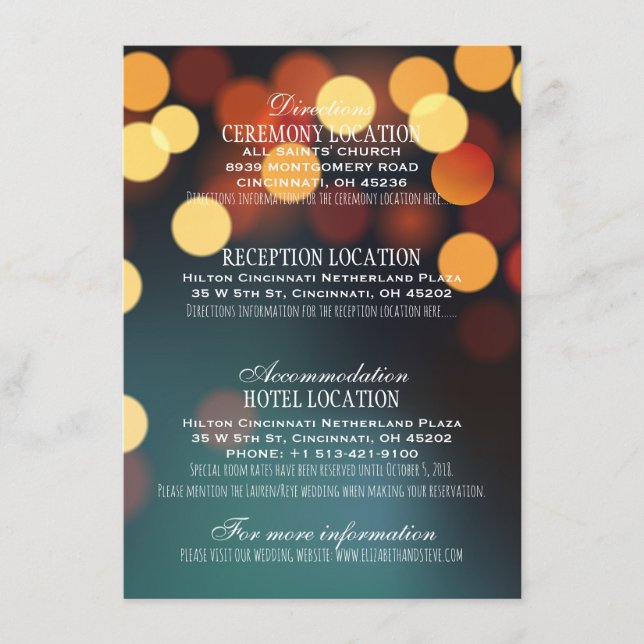 Carte D'accompagnement Turquoise Gold Bokeh Lights Détails du Mariage Inf (Devant)