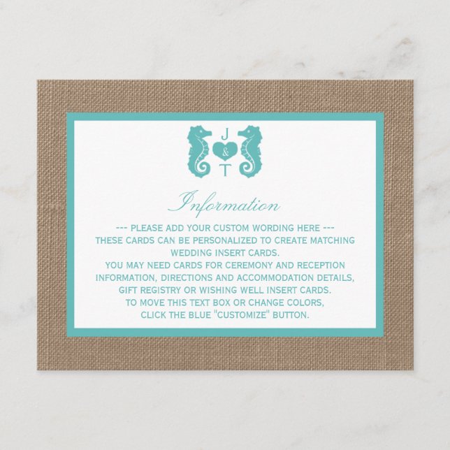 Carte D'accompagnement Turquoise Seahorse Burlap Beach Wedding Collection (Devant)