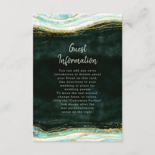 Carte D'accompagnement Turquoise Vert & Or Agate Marbre Informations Mari (Devant)