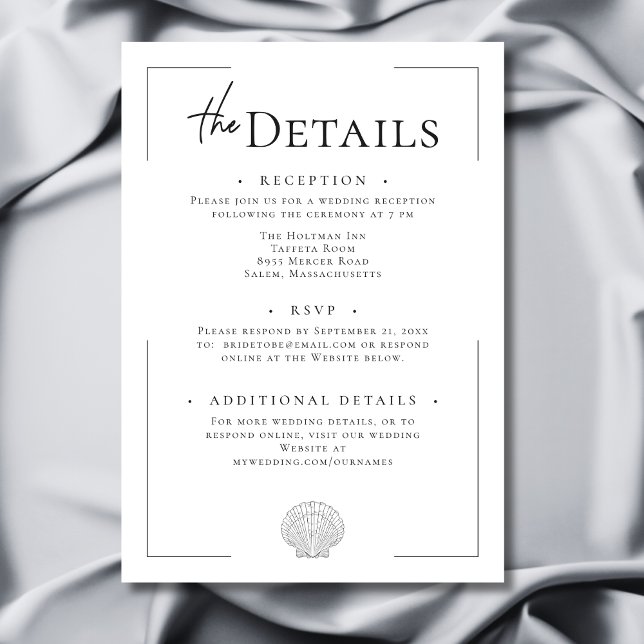 Carte D'accompagnement Typographie minimale Mariage Shell noir et blanc (Minimal Typography Black & White Shell Wedding Details Enclosure Card)