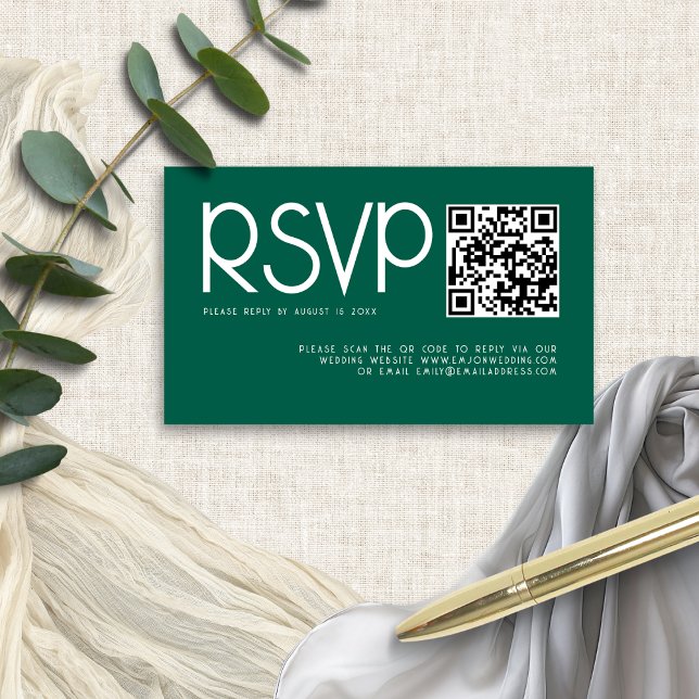 Carte D'accompagnement Typographie moderne QR Code Emerald Wedding RSVP (Mini size enclosure)