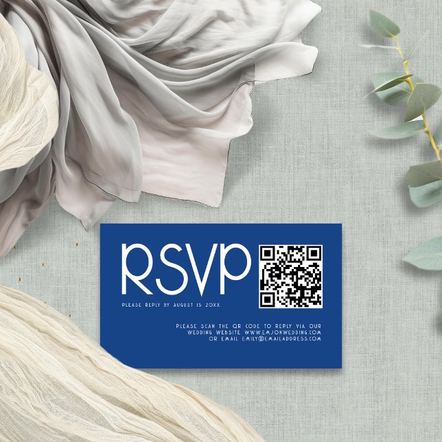 Carte D'accompagnement Typographie moderne QR Code Mariage bleu RSVP (Créateur téléchargé)