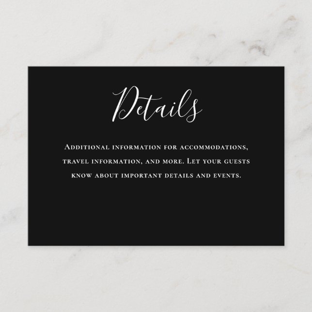 Carte D'accompagnement Typographie noir Détails du Mariage (Devant)