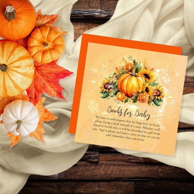 Carte D'accompagnement Un petit Citrouille Sunflower Livres pour bébé (Pumpkins, Sunflowers and Apricot Roses Baby Shower "Books for Baby" Card)
