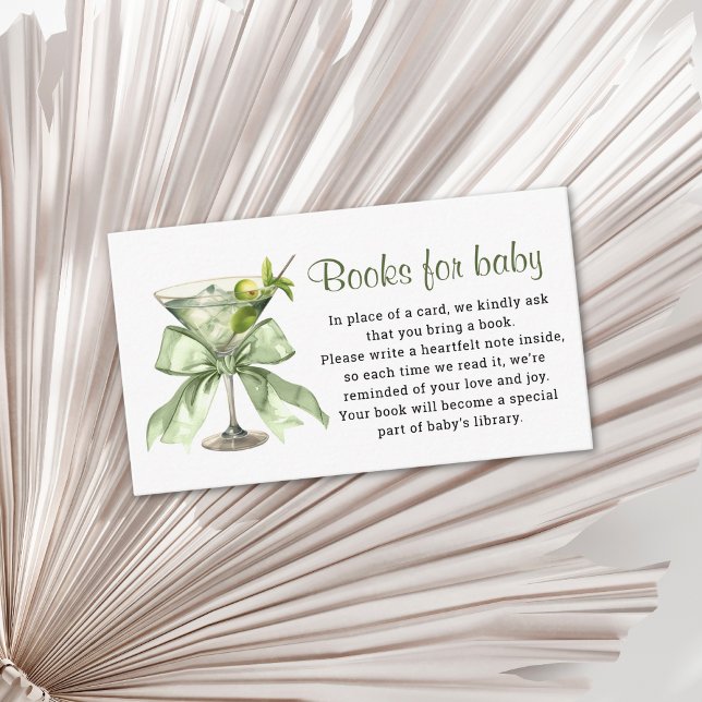 Carte D'accompagnement Un petit sage vert Martini Books pour bébé (A tini is on the way Sage green Baby shower Books for baby insert card)