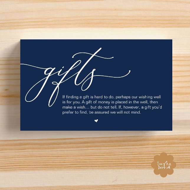 Carte D'accompagnement Une note de cadeaux, Mariage romantique moderne (A note on gifts, Modern Romantic Wedding Enclosure Card Cute Heart Honeymoon Cash Navy Blue)