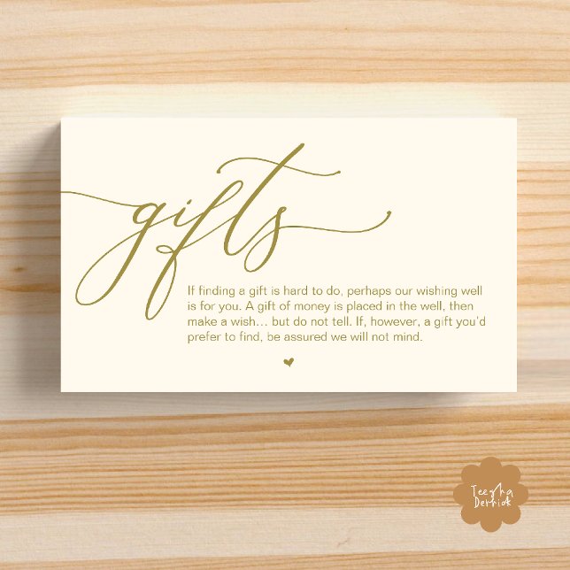 Carte D'accompagnement Une note de cadeaux, Mariage romantique moderne (A note on gifts, Modern Romantic Wedding Enclosure Card Cute Heart Honeymoon Cash Yellow Gold)