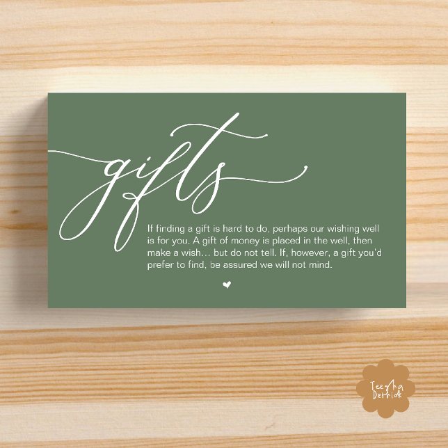 Carte D'accompagnement Une note de cadeaux, Mariage romantique moderne (A note on gifts, Modern Romantic Wedding Enclosure Card Cute Heart Honeymoon Cash Sage Green)