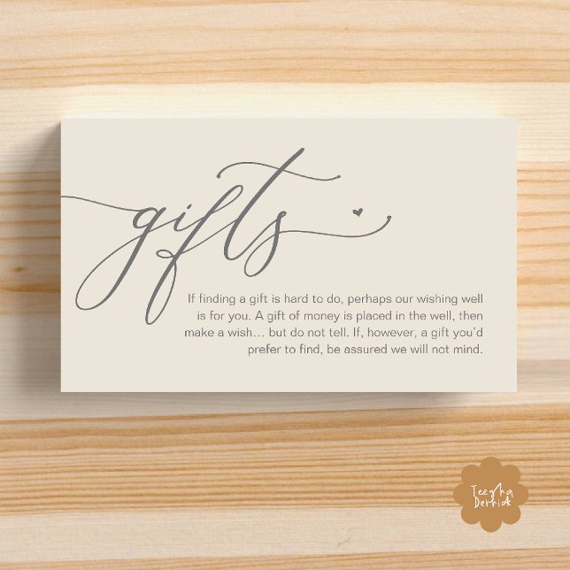 Carte D'accompagnement Une note de cadeaux, Mariage romantique moderne (A note on gifts, Modern Romantic Wedding Enclosure Card Cute Heart Honeymoon Cash Cream Grey)
