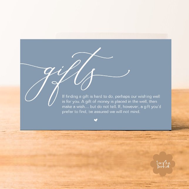 Carte D'accompagnement Une note de cadeaux, Mariage romantique moderne (A note on gifts, Modern Romantic Wedding Enclosure Card Cute Heart Honeymoon Cash Dusty Blue)
