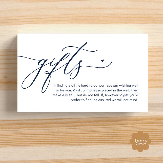 Carte D'accompagnement Une note de cadeaux, Mariage romantique moderne (A note on gifts, Modern Romantic Wedding Enclosure Card Cute Heart Honeymoon Cash Navy Blue)
