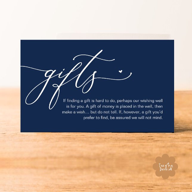 Carte D'accompagnement Une note de cadeaux, Mariage romantique moderne (A note on gifts, Modern Romantic Wedding Enclosure Card Cute Heart Honeymoon Cash Navy Blue)