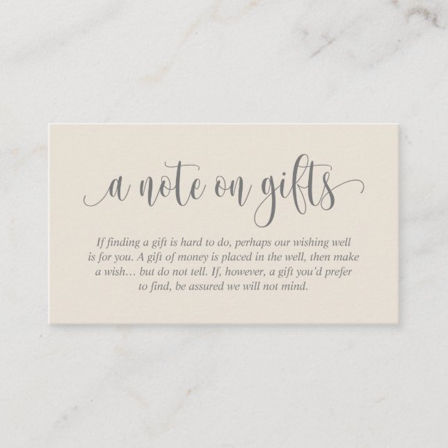 Carte D'accompagnement Une Note Sur Les Cadeaux De Mariage, Script Élégan (Devant)