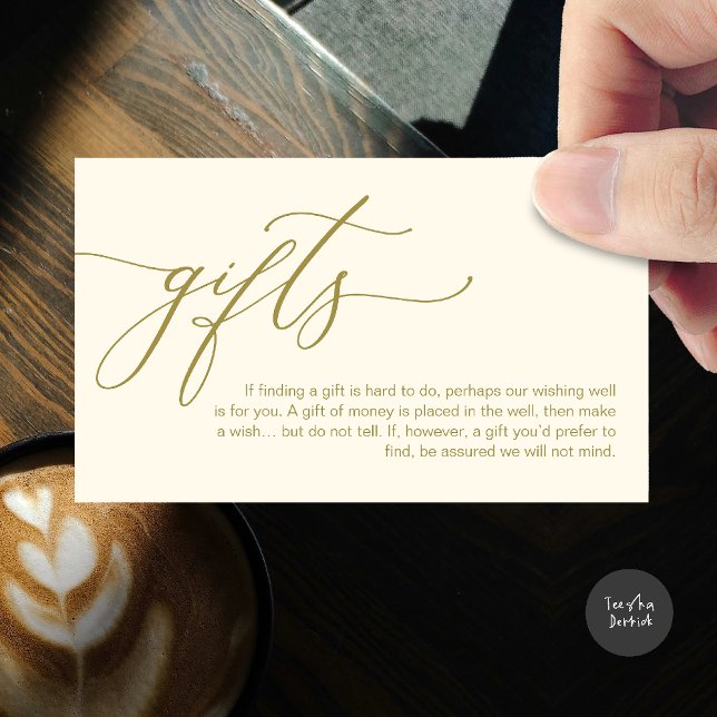 Carte D'accompagnement Une note sur les cadeaux, fonds de lune de miel (A note on gifts, honeymoon wish fund cash wish enclosure card in yellow gold)