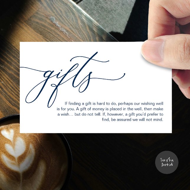 Carte D'accompagnement Une note sur les cadeaux, fonds de lune de miel (A note on gifts, honeymoon wish fund cash wish enclosure card in navy blue)
