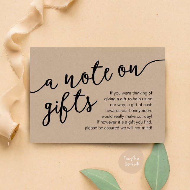 Carte D'accompagnement Une Note Sur Les Cadeaux, Fonds Lune De Miel (Honeymoon Fund Cash Wish, a note on gifts Enclosure Card Rustic Brown Kraft Background)