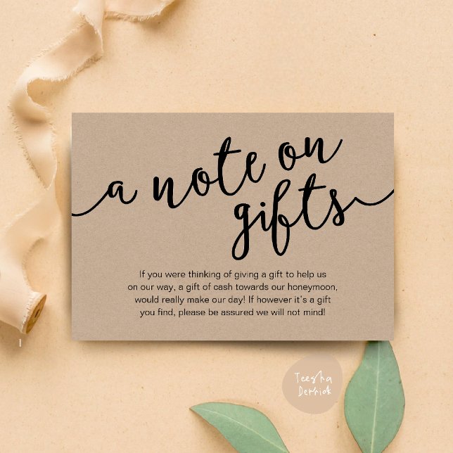 Carte D'accompagnement Une Note Sur Les Cadeaux, Fonds Lune De Miel (Honeymoon Fund Cash Wish, a note on gifts Enclosure Card Rustic Brown Kraft Background)
