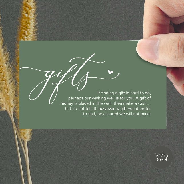 Carte D'accompagnement Une note sur les cadeaux, Mariage Romantique Moder (A note on gifts, Modern Romantic Wedding Enclosure Card in Sage Green)