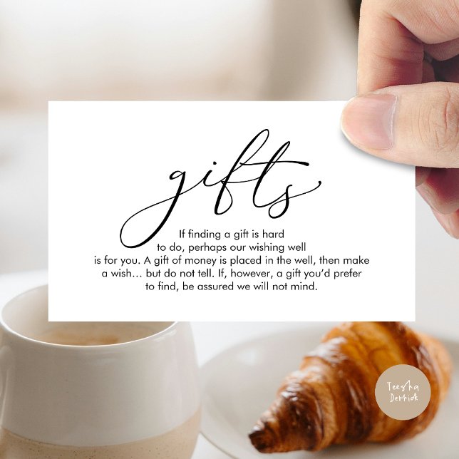 Carte D'accompagnement Une note sur les cadeaux, voeux de lune de miel ma (A note on gifts, wedding honeymoon wish, fund, enclosure card, modern romantic, White Black)