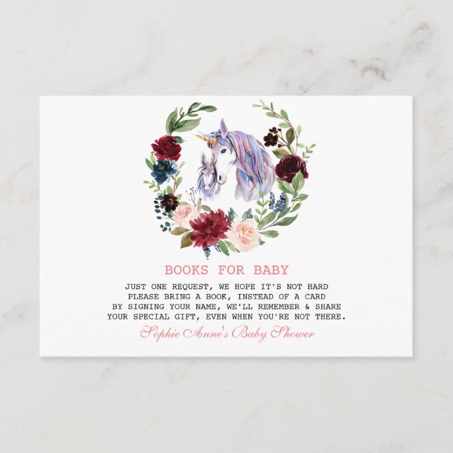 Carte D'accompagnement Unicorn Burgundy Flowers Livres Pour Baby shower (Devant)