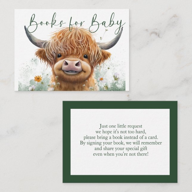 Carte D'accompagnement Vache Highland à fleurs vertes Livres pour bébé (Devant / Derrière)