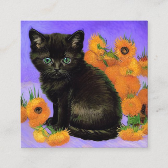 Carte D'accompagnement Van Gogh Kitten noir avec des tournesols (Devant)