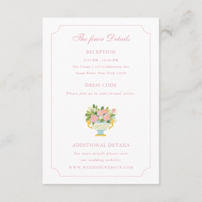 Carte D'accompagnement Vase Floral Rococo Détails de Mariage (Devant)