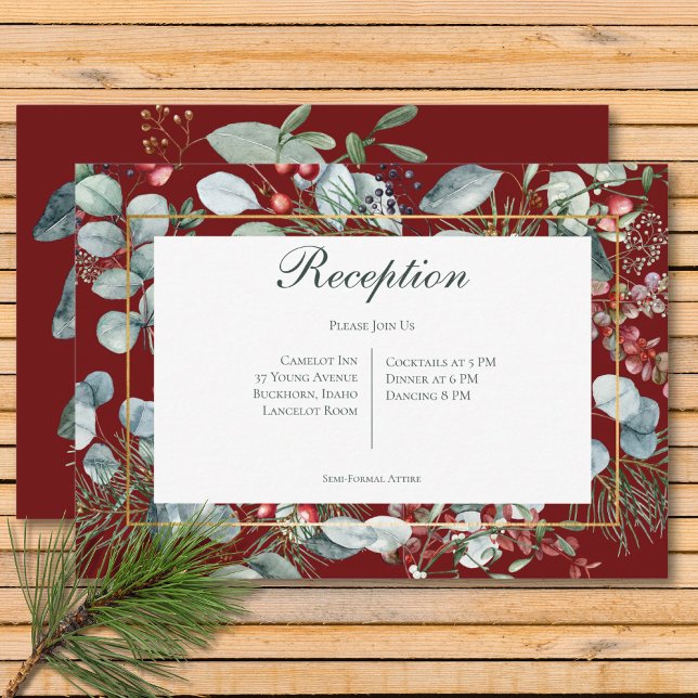 Carte D'accompagnement Végétation de Noël d'hiver Mariage de réception ro (Winter Christmas Greenery Red Reception Wedding Enclosure Card)