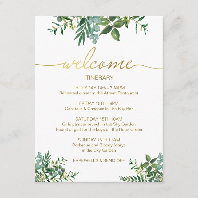 Carte D'accompagnement Verdure Aquarelle Mariage Itinéraire Gold Script (Devant)