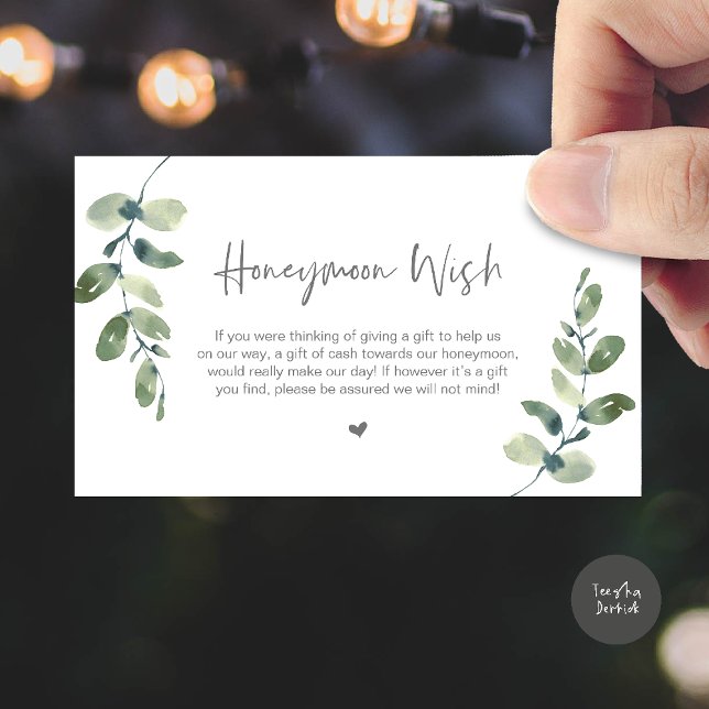 Carte D'accompagnement Verdure Eucalyptus, Vœu de lune de miel rustique (Greenery Eucalyptus, Rustic Honeymoon Wish Fund Enclosure Card in Dark Grey)
