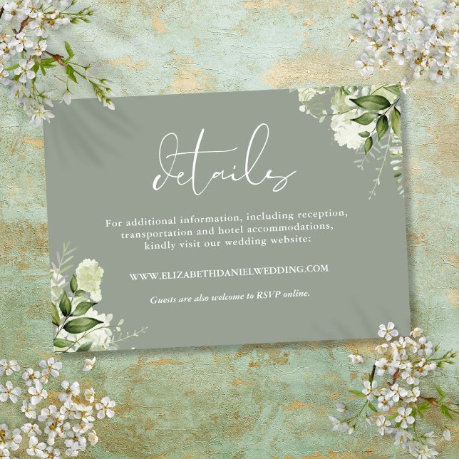 Carte D'accompagnement Verdure Floral Elégant Sage Green Mariage Détails (Greenery Floral Elegant Sage Green Wedding Details Enclosure Card)
