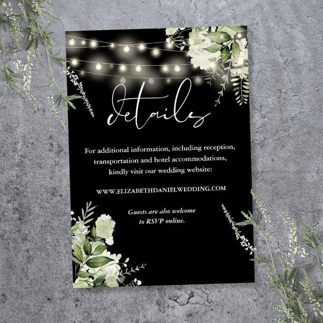 Carte D'accompagnement Verdure Floral String Lights Détails du Mariage (Greenery Floral String Lights Wedding Details Enclosure Card)
