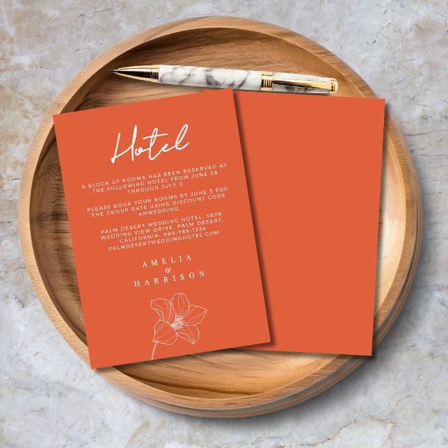 Carte D'accompagnement Verona Sunset Orange Elégant Floral Mariage Hotel (Verona Sunset Orange Elegant Floral Wedding Hotel Enclosure Card with Line Art Flower, Script Text.)