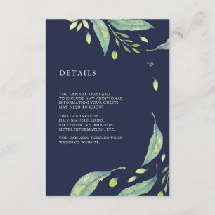 Carte D'accompagnement Vert feuilles Mariage bleu foncé Informations su