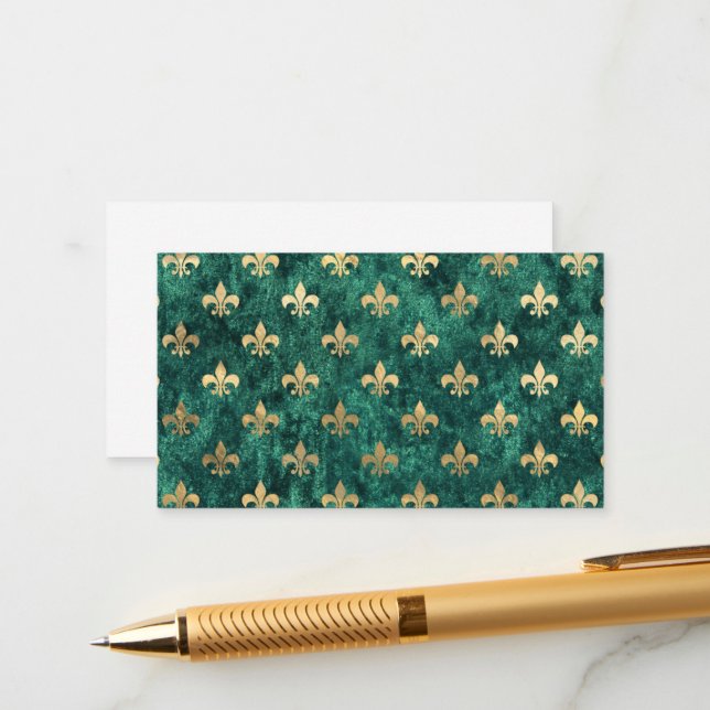 Carte D'accompagnement Vert Grunge Velours Fleur De Lis Mardi Gras (Devant/Arrière en situation)