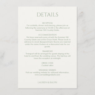 Carte D'accompagnement Vert sage Détails du Mariage Monogramme