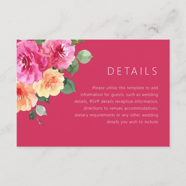 Carte D'accompagnement Vibrant Pink Watercolor Floral Wedding Details (Devant)